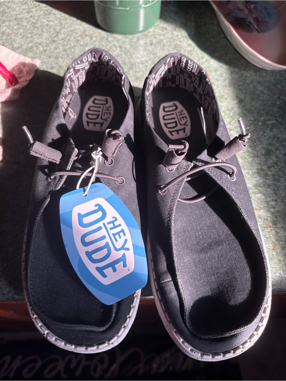 Hey Dude Womens Black/Gray Slip-On Sneakers with Adjustable Laces